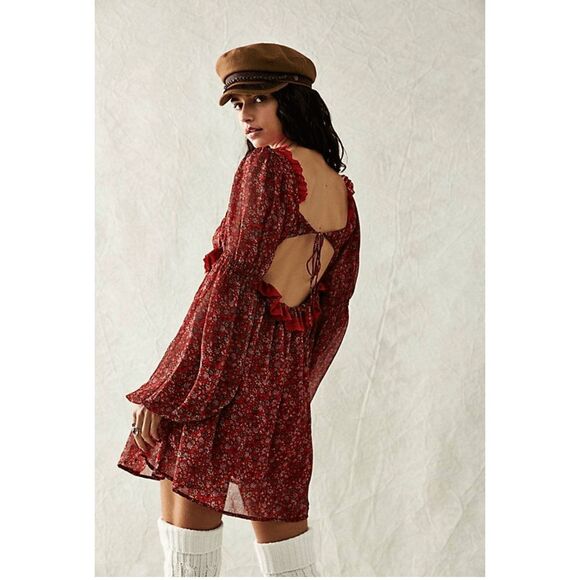 Free People Pennie Printed Babydoll Lace Ruffles Mini Dress S Cherry combo size - Picture 2 of 7